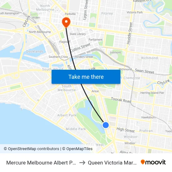 Mercure Melbourne Albert Park to Queen Victoria Market map