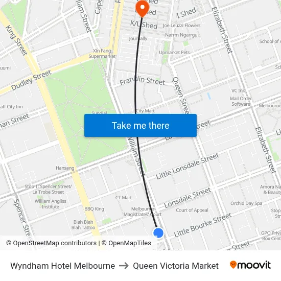 Wyndham Hotel Melbourne to Queen Victoria Market map