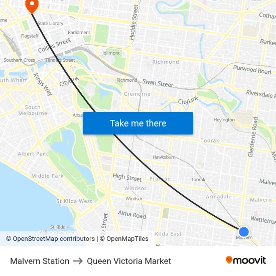 Malvern Station to Queen Victoria Market map