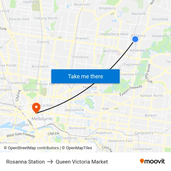 Rosanna Station to Queen Victoria Market map