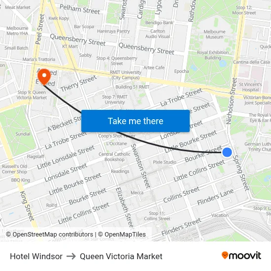 Hotel Windsor to Queen Victoria Market map