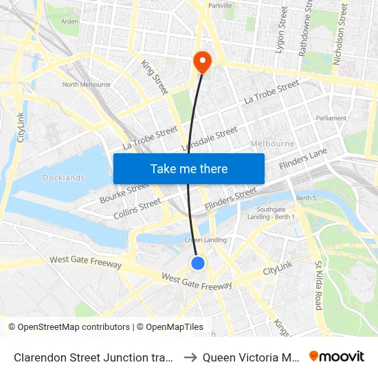 Clarendon Street Junction tram stop to Queen Victoria Market map