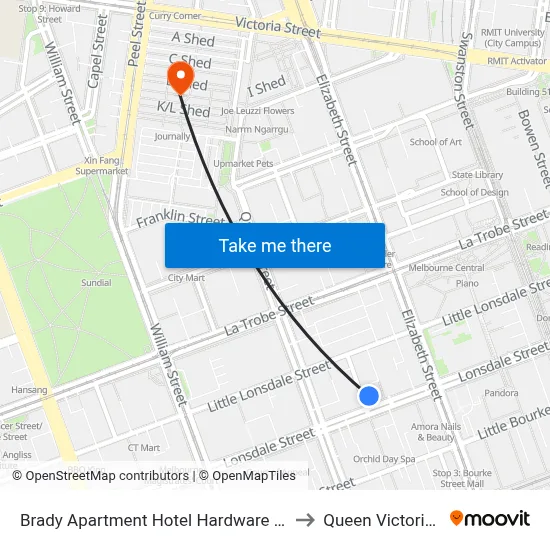 Brady Apartment Hotel Hardware Lane, Melbourne to Queen Victoria Market map