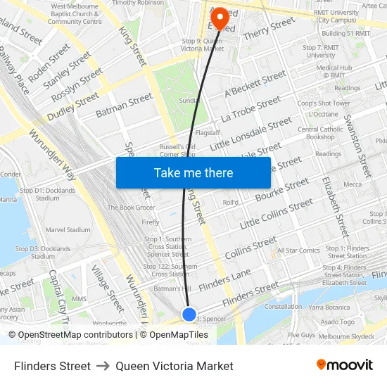 Flinders Street to Queen Victoria Market map