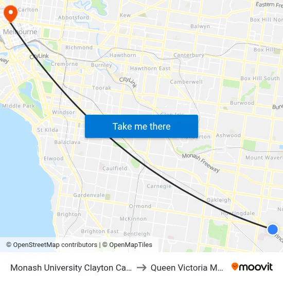 Monash University Clayton Campus to Queen Victoria Market map