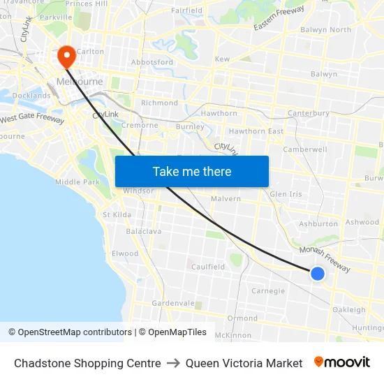 Chadstone Shopping Centre to Queen Victoria Market map