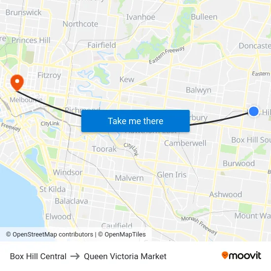 Box Hill Central to Queen Victoria Market map