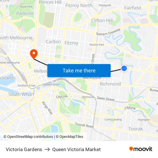 Victoria Gardens to Queen Victoria Market map