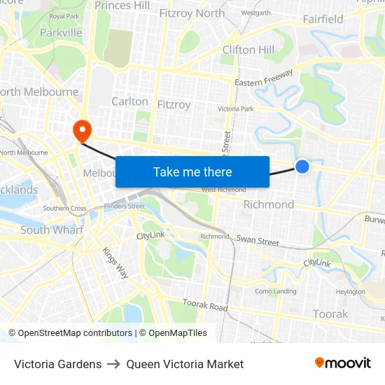 Victoria Gardens to Queen Victoria Market map