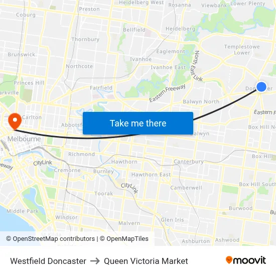 Westfield Doncaster to Queen Victoria Market map
