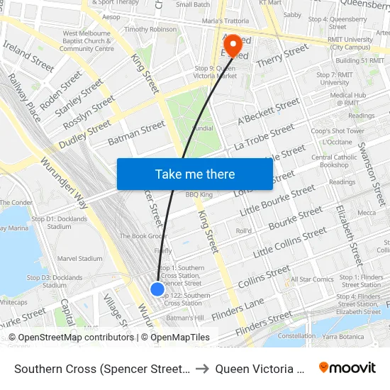 Southern Cross (Spencer Street) Station to Queen Victoria Market map