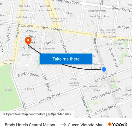 Brady Hotels Central Melbourne to Queen Victoria Market map