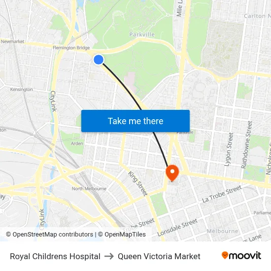Royal Childrens Hospital to Queen Victoria Market map