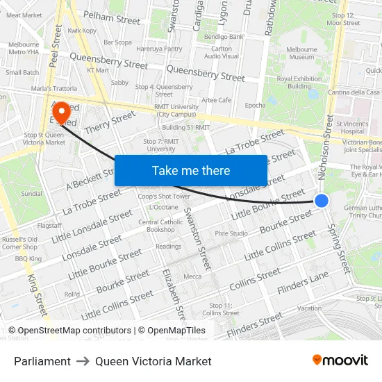 Parliament to Queen Victoria Market map
