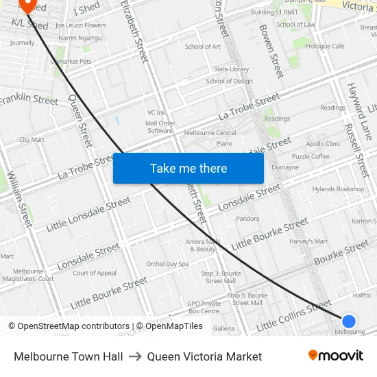 Melbourne Town Hall to Queen Victoria Market map