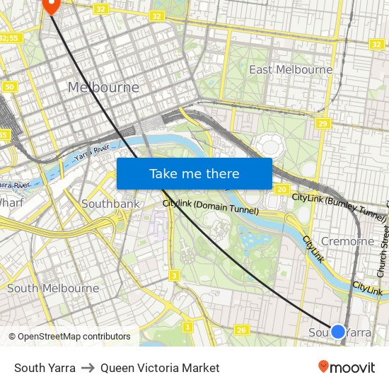 South Yarra to Queen Victoria Market map