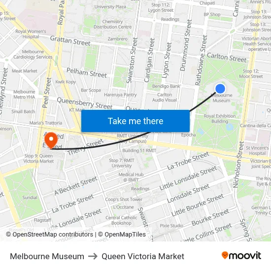 Melbourne Museum to Queen Victoria Market map