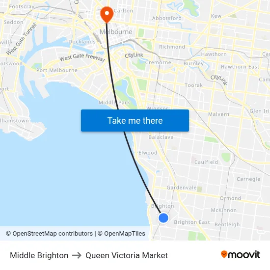 Middle Brighton to Queen Victoria Market map