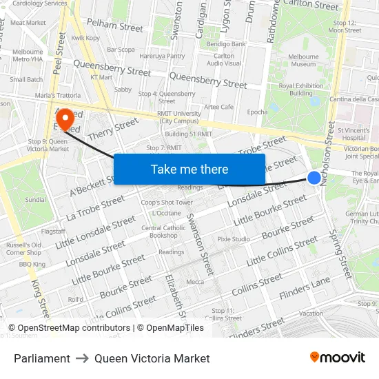 Parliament to Queen Victoria Market map