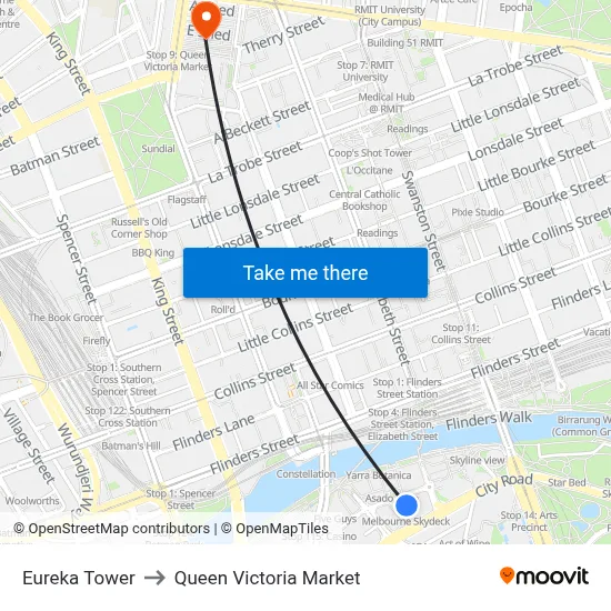Eureka Tower to Queen Victoria Market map