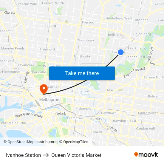 Ivanhoe Station to Queen Victoria Market map