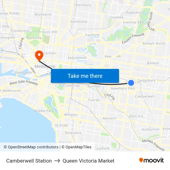 Camberwell Station to Queen Victoria Market map