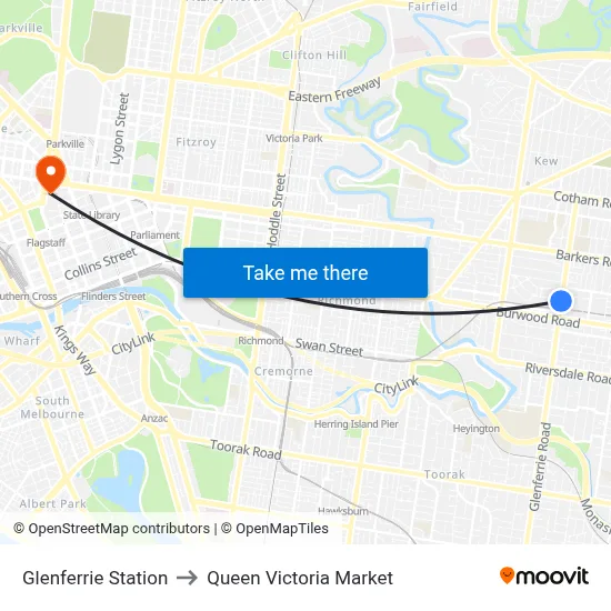 Glenferrie Station to Queen Victoria Market map