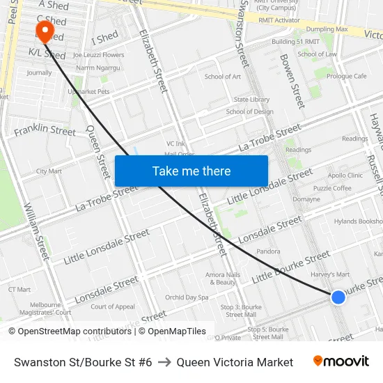 Swanston St/Bourke St #6 to Queen Victoria Market map