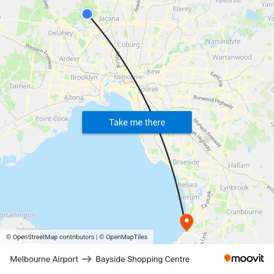 Melbourne Airport to Bayside Shopping Centre map