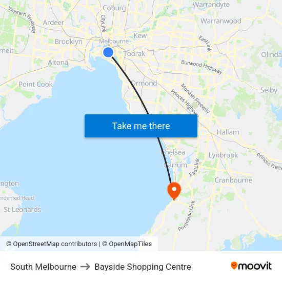 South Melbourne to Bayside Shopping Centre map