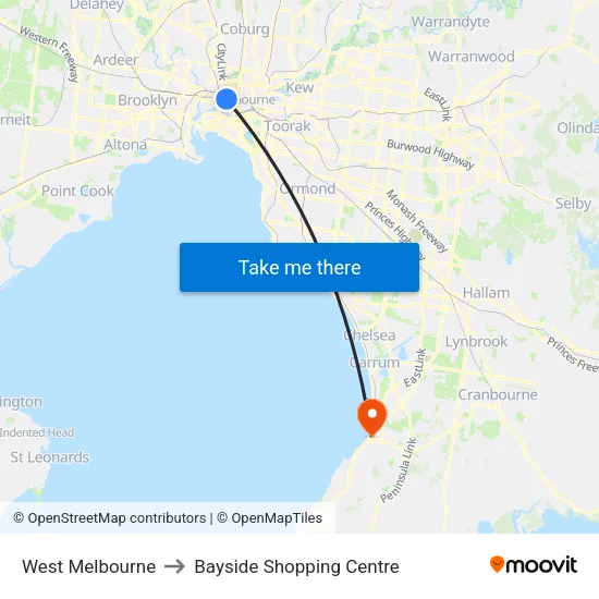 West Melbourne to Bayside Shopping Centre map