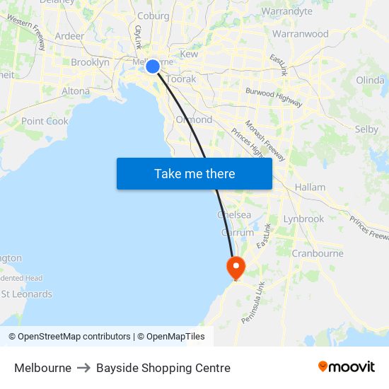 Melbourne to Bayside Shopping Centre map