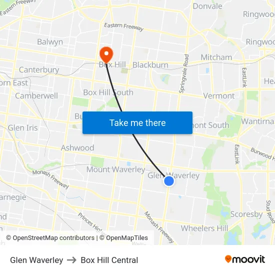 Glen Waverley to Box Hill Central map