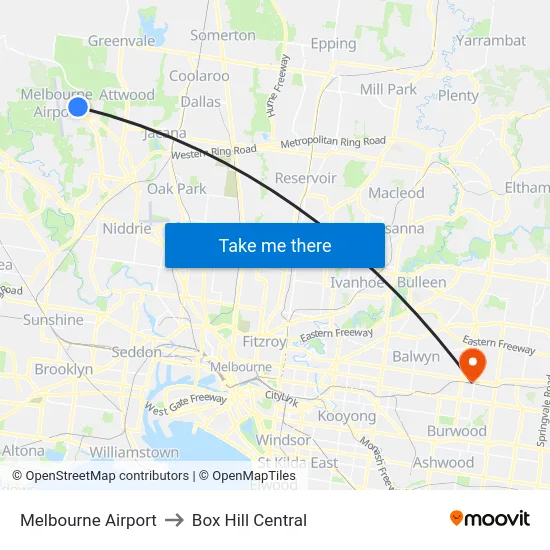 Melbourne Airport to Box Hill Central map