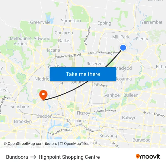 Bundoora to Highpoint Shopping Centre map