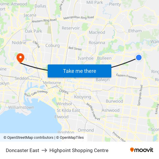 Doncaster East to Highpoint Shopping Centre map