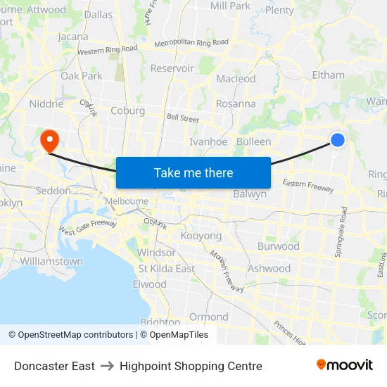 Doncaster East to Highpoint Shopping Centre map