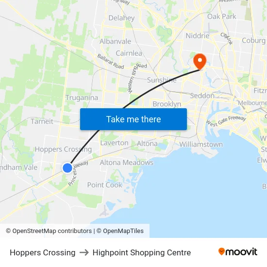 Hoppers Crossing to Highpoint Shopping Centre map