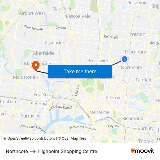 Northcote to Highpoint Shopping Centre map