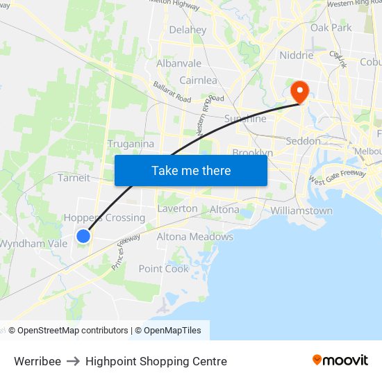 Werribee to Highpoint Shopping Centre map