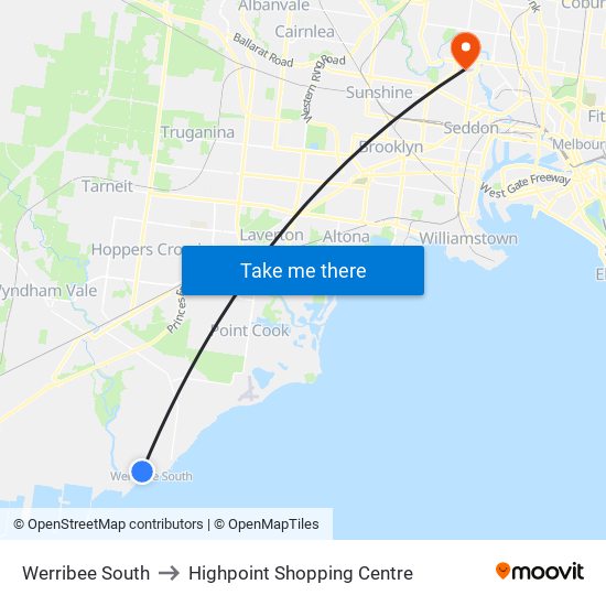 Werribee South to Highpoint Shopping Centre map