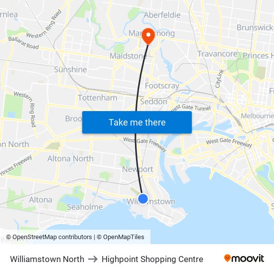 Williamstown North to Highpoint Shopping Centre map