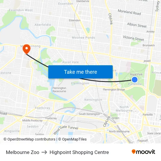 Melbourne Zoo to Highpoint Shopping Centre map