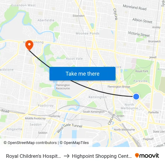 Royal Children's Hospital to Highpoint Shopping Centre map