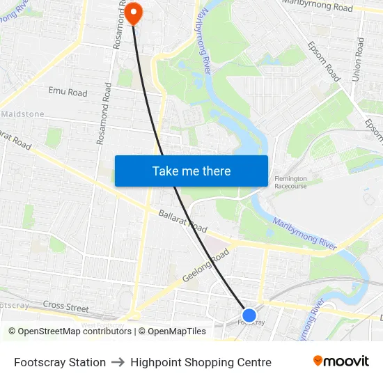 Footscray Station to Highpoint Shopping Centre map