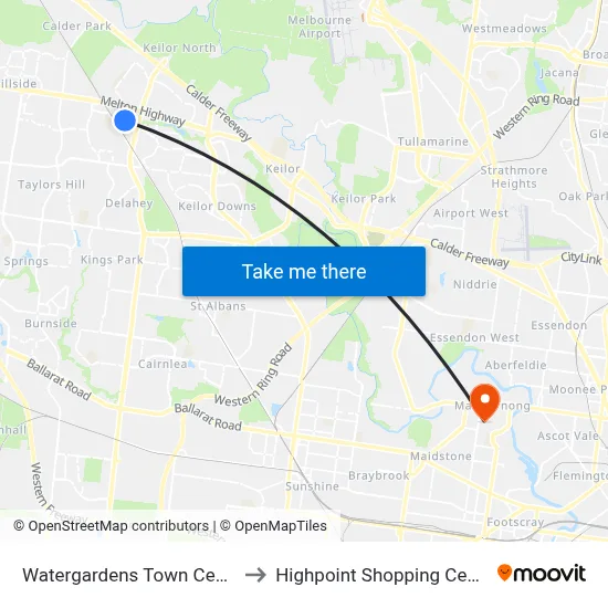 Watergardens Town Centre to Highpoint Shopping Centre map