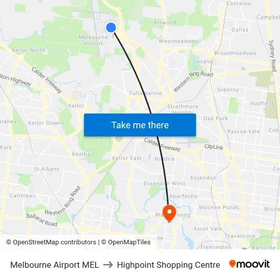 Melbourne Airport MEL to Highpoint Shopping Centre map