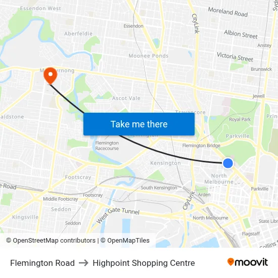 Flemington Road to Highpoint Shopping Centre map