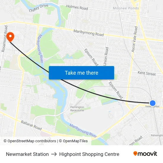 Newmarket Station to Highpoint Shopping Centre map