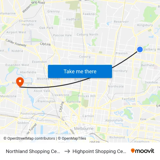 Northland Shopping Centre to Highpoint Shopping Centre map